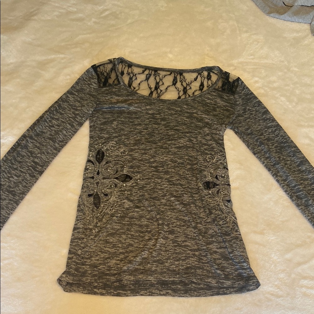 BKE Gray Cut Out Blouse with Black Lace